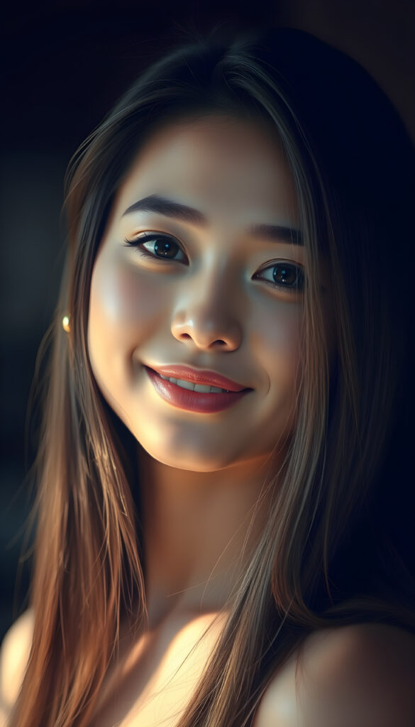 A stunning young woman with lustrous, silky super straight hair cascading down her shoulders, a radiant complexion, and a gentle smile, her eyes sparkling with warmth and serenity, embodying a sense of tranquility and beauty.