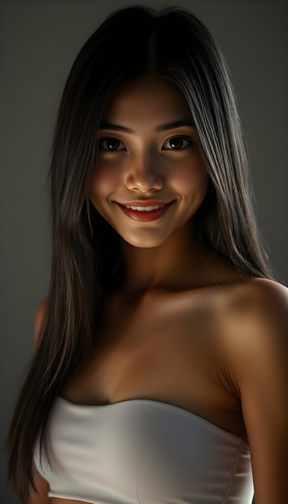 A stunning young tanned girl with long, lustrous black hair cascading over her shoulders and a warm, inviting smile. Her dark, expressive eyes sparkle in the soft, dimmed light that gently illuminates her angelic round face. She is dressed in a white, form-fitting crop top that accentuates her perfect, graceful physique. Her skin is flawless, glowing with a subtle, natural radiance. The background is a soft grey, creating a serene and dreamy atmosphere. She gazes directly at the viewer, her expression a blend of confidence and charm. The lighting highlights her features with perfect, delicate shadows, enhancing the overall ethereal and captivating beauty of the scene. This image is ultra-realistic, rendered in 4K, with a focus on detail and elegance, making it visually stunning and memorable.
