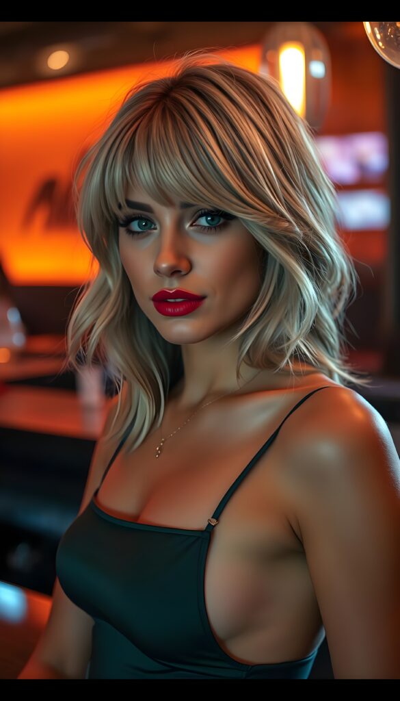 A stunning young woman with platinum hair and black highlights, styled in loose waves with side-swept bangs, gazes confidently with a subtle, enigmatic smile. Her striking features are accentuated by soft makeup, with bold red lipstick adding a pop of color. The backdrop shifts to a warm orange hue, casting a cozy yet vibrant glow, illuminating the details of her face and hair. The lighting creates a dramatic contrast, highlighting her hair's unique shades and texture. She wears a chic, cropped tank top in a deep emerald green, adding an element of sophistication and elegance, catching the light as she moves slightly. The scene is set in a sophisticated bar with sleek, modern decor, including a stylish bar counter with amber glassware and a warm, inviting ambiance.