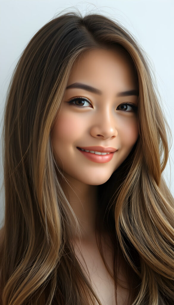 A stunning young woman with lustrous, silky hair cascading down her shoulders, a radiant complexion, and a gentle smile, her eyes sparkling with warmth and serenity, embodying a sense of tranquility and beauty.