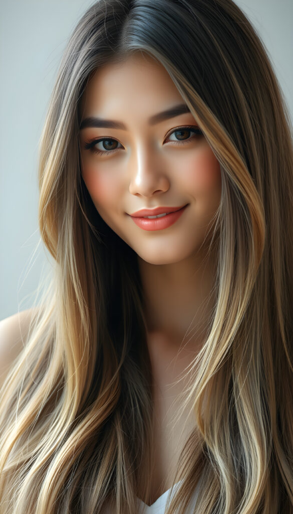 A stunning young woman with lustrous, silky hair cascading down her shoulders, a radiant complexion, and a gentle smile, her eyes sparkling with warmth and serenity, embodying a sense of tranquility and beauty.