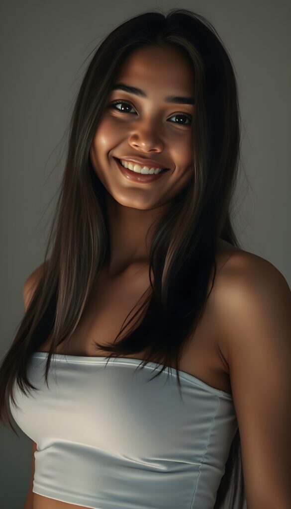 A stunning young tanned girl with long, lustrous black hair cascading over her shoulders and a warm, inviting smile. Her dark, expressive eyes sparkle in the soft, dimmed light that gently illuminates her angelic round face. She is dressed in a white, form-fitting crop top that accentuates her perfect, graceful physique. Her skin is flawless, glowing with a subtle, natural radiance. The background is a soft grey, creating a serene and dreamy atmosphere. She gazes directly at the viewer, her expression a blend of confidence and charm. The lighting highlights her features with perfect, delicate shadows, enhancing the overall ethereal and captivating beauty of the scene. This image is ultra-realistic, rendered in 4K, with a focus on detail and elegance, making it visually stunning and memorable.