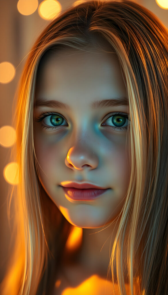 A stunning young girl with flawless silver skin and emerald green eyes that shimmer with light, framed by soft, straight hazelnut brown hair with white highlights. Her full red lips are slightly parted, revealing a charming smile, and her symmetrical nose and mouth are sharply focused. The lighting is warm and golden, casting a magical glow on her face, while the background is a dreamy blend of pastel hues and soft bokeh lights, enhancing her ethereal beauty. She gazes directly at the viewer, exuding a serene and captivating presence.