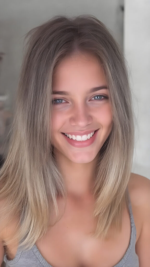 A stunning young cute girl enjoys her carefree life. She smiles and has beautiful, soft straight hair that falls over her beautifully shaped body. The picture makes you happy, she wears a thin grey deep neck tank top, white teeth