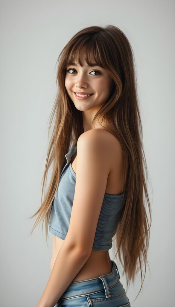 A stunning young girl with long, messy, straight hazelnut hair in the same length right and left and bangs, wearing a grey cropped tank top and super-short jeans, stands in a side perspective against a white background, cute belly button. Her face is angelic with detailed brown eyes and a radiant smile, looking directly at the camera. The lighting is cinematic, with a soft glow enhancing her features, creating a warm and inviting atmosphere. The composition emphasizes her graceful posture and the intricate details of her hair, making it a visually captivating and harmonious scene.
