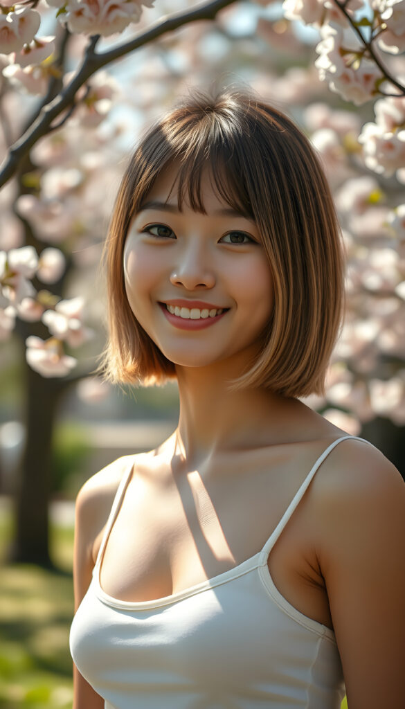 A stunning young Asian girl with perfectly straight, hazelnut brown hair and blond highlights in a perfect bob cut, charming bangs, wearing a stylish, low-cut, form-fitting tank top, stands confidently in a vibrant, sunlit park. Her radiant smile and sparkling, detailed hazelnut eyes convey pure joy, while her angelic, round face is accentuated by soft, cinematic lighting that highlights her flawless complexion. The scene is lively with blooming cherry blossoms framing the background, creating a harmonious blend of natural beauty and youthful energy, capturing the essence of a perfect spring day.