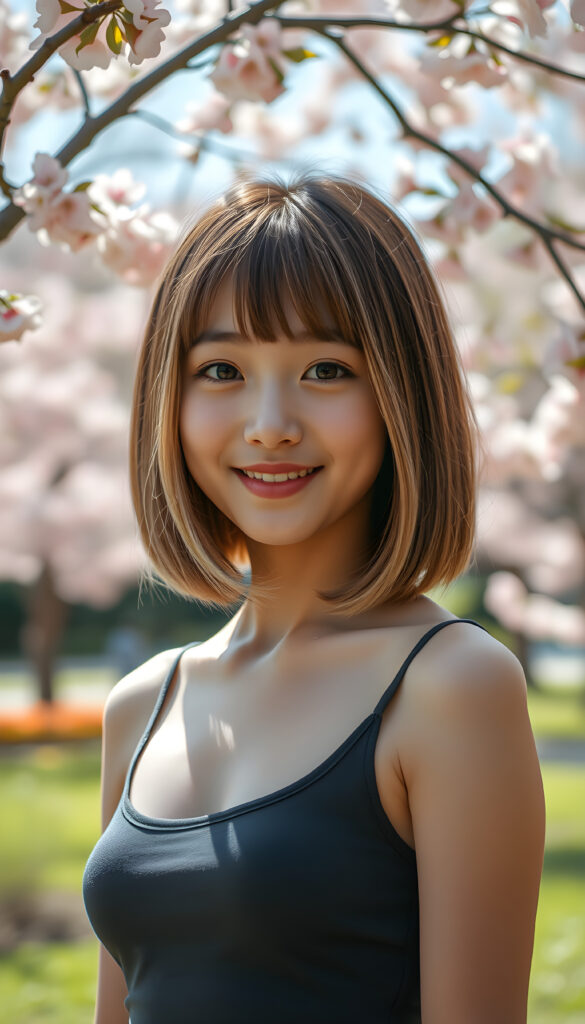 A stunning young Asian girl with perfectly straight, hazelnut brown hair and blond highlights in a perfect bob cut, charming bangs, wearing a stylish, low-cut, form-fitting tank top, stands confidently in a vibrant, sunlit park. Her radiant smile and sparkling, detailed hazelnut eyes convey pure joy, while her angelic, round face is accentuated by soft, cinematic lighting that highlights her flawless complexion. The scene is lively with blooming cherry blossoms framing the background, creating a harmonious blend of natural beauty and youthful energy, capturing the essence of a perfect spring day.