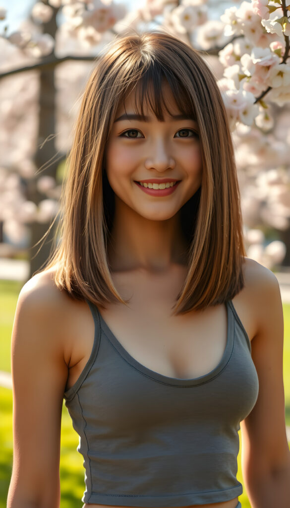A stunning young Asian girl with perfectly straight, hazelnut brown hair and blond highlights in a perfect bob cut, charming bangs, wearing a stylish, low-cut, form-fitting tank top, stands confidently in a vibrant, sunlit park. Her radiant smile and sparkling, detailed hazelnut eyes convey pure joy, while her angelic, round face is accentuated by soft, cinematic lighting that highlights her flawless complexion. The scene is lively with blooming cherry blossoms framing the background, creating a harmonious blend of natural beauty and youthful energy, capturing the essence of a perfect spring day.