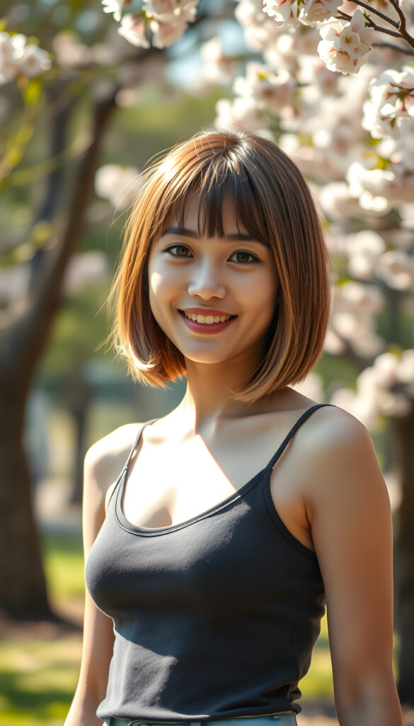 A stunning young Asian girl with perfectly straight, hazelnut brown hair and blond highlights in a perfect bob cut, charming bangs, wearing a stylish, low-cut, form-fitting tank top, stands confidently in a vibrant, sunlit park. Her radiant smile and sparkling, detailed hazelnut eyes convey pure joy, while her angelic, round face is accentuated by soft, cinematic lighting that highlights her flawless complexion. The scene is lively with blooming cherry blossoms framing the background, creating a harmonious blend of natural beauty and youthful energy, capturing the essence of a perfect spring day.