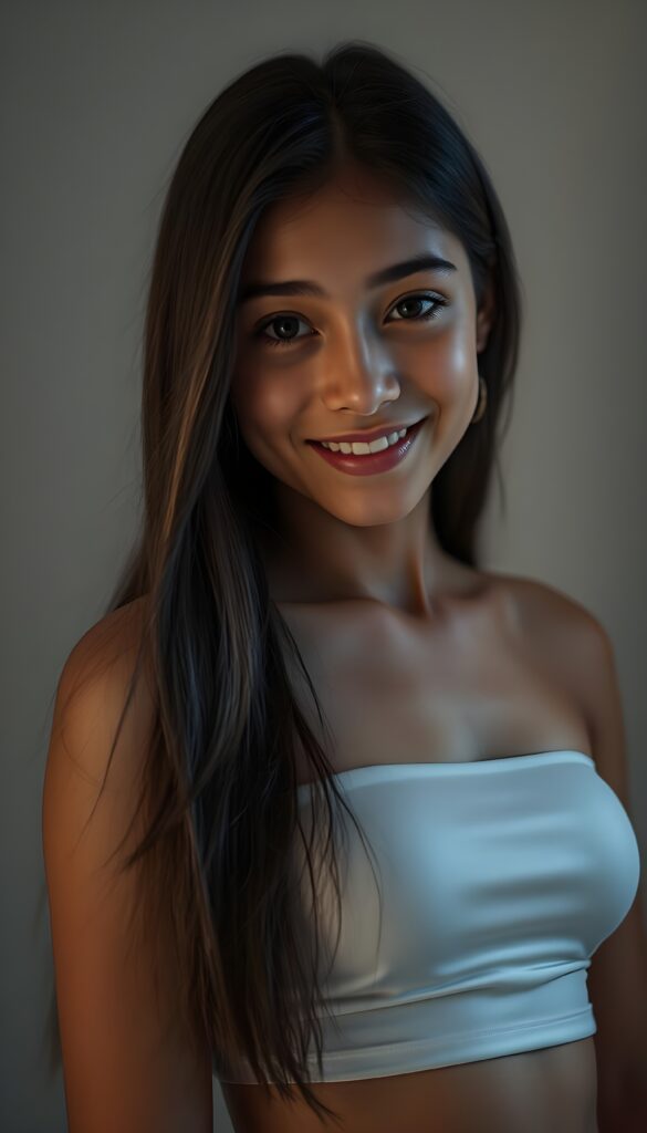 A stunning young tanned girl with long, lustrous black hair cascading over her shoulders and a warm, inviting smile. Her dark, expressive eyes sparkle in the soft, dimmed light that gently illuminates her angelic round face. She is dressed in a white, form-fitting crop top that accentuates her perfect, graceful physique. Her skin is flawless, glowing with a subtle, natural radiance. The background is a soft grey, creating a serene and dreamy atmosphere. She gazes directly at the viewer, her expression a blend of confidence and charm. The lighting highlights her features with perfect, delicate shadows, enhancing the overall ethereal and captivating beauty of the scene. This image is ultra-realistic, rendered in 4K, with a focus on detail and elegance, making it visually stunning and memorable.