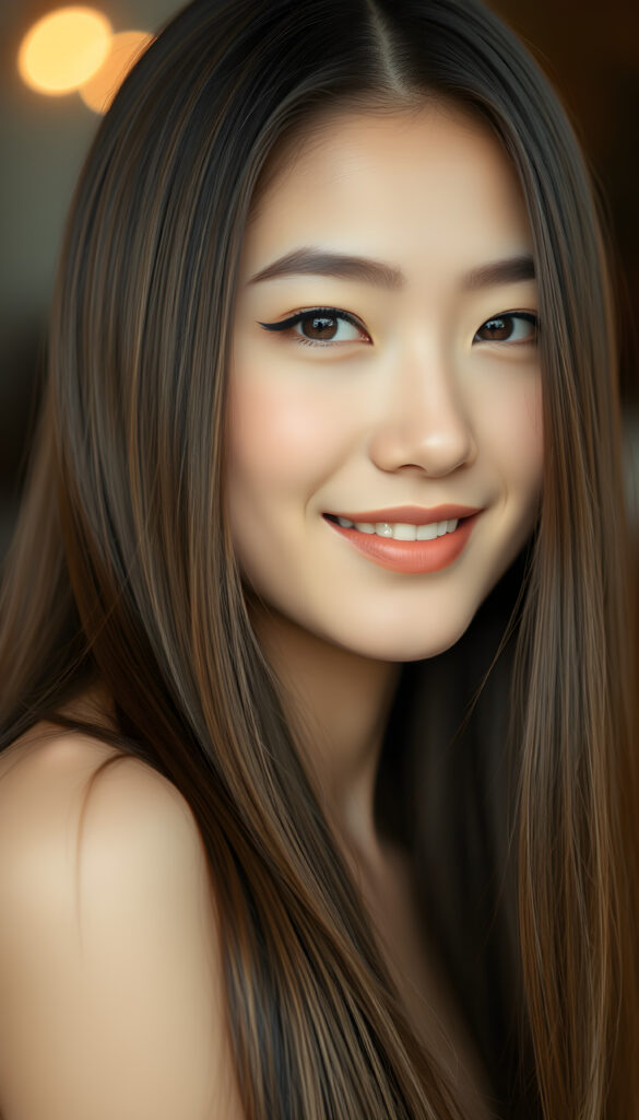 A stunning young woman with lustrous, silky super straight hair cascading down her shoulders, a radiant complexion, and a gentle smile, her eyes sparkling with warmth and serenity, embodying a sense of tranquility and beauty.