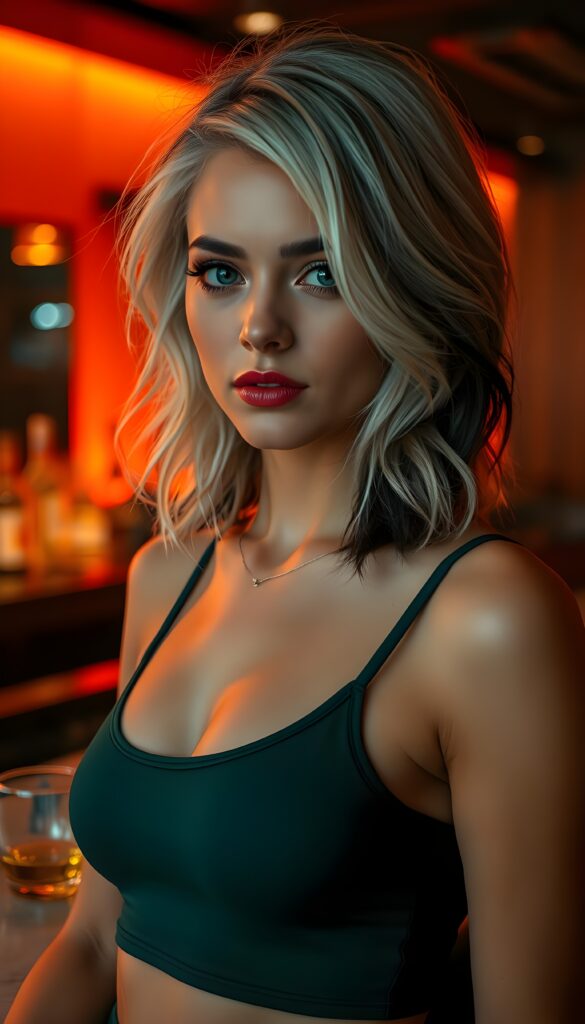 A stunning young woman with platinum hair and black highlights, styled in loose waves with side-swept bangs, gazes confidently with a subtle, enigmatic smile. Her striking features are accentuated by soft makeup, with bold red lipstick adding a pop of color. The backdrop shifts to a warm orange hue, casting a cozy yet vibrant glow, illuminating the details of her face and hair. The lighting creates a dramatic contrast, highlighting her hair's unique shades and texture. She wears a chic, cropped tank top in a deep emerald green, adding an element of sophistication and elegance, catching the light as she moves slightly. The scene is set in a sophisticated bar with sleek, modern decor, including a stylish bar counter with amber glassware and a warm, inviting ambiance.