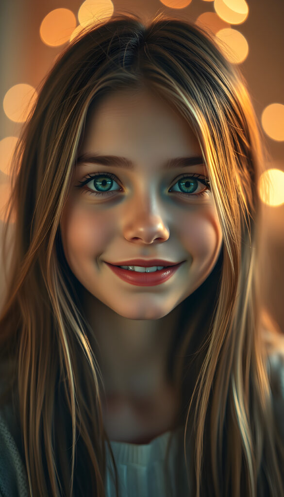 A stunning young girl with flawless silver skin and emerald green eyes that shimmer with light, framed by soft, straight hazelnut brown hair with white highlights. Her full red lips are slightly parted, revealing a charming smile, and her symmetrical nose and mouth are sharply focused. The lighting is warm and golden, casting a magical glow on her face, while the background is a dreamy blend of pastel hues and soft bokeh lights, enhancing her ethereal beauty. She gazes directly at the viewer, exuding a serene and captivating presence.