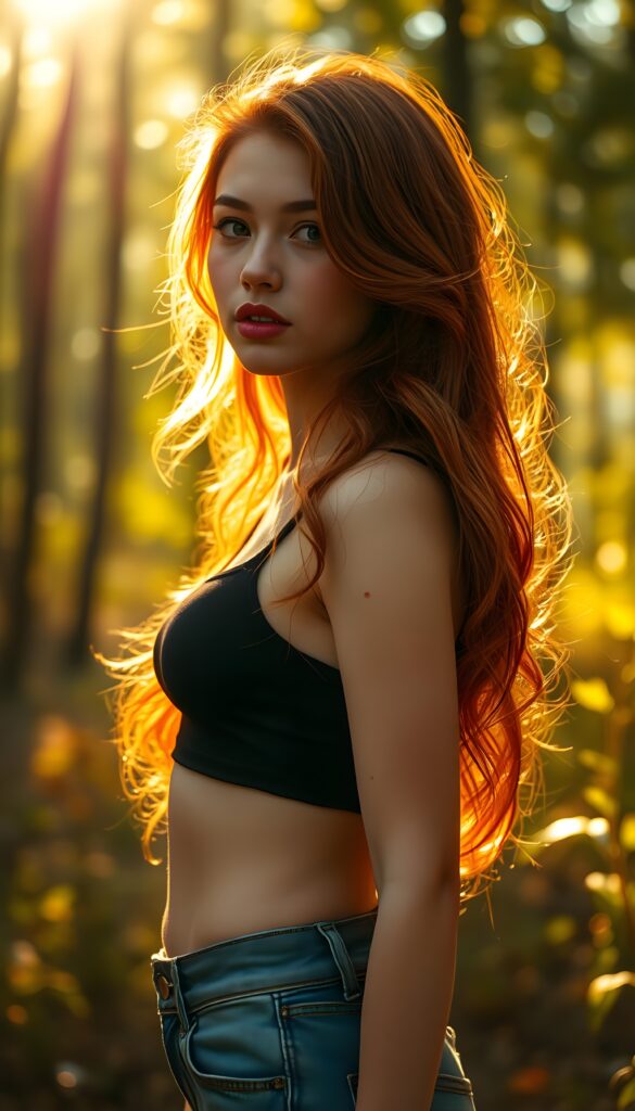 A stunning young teen girl with vibrant copper-red hair cascading down her back, styled in soft waves, stands in a sunlit forest clearing. Her luminous skin glows under the golden rays filtering through the leaves. She wears a sleek black crop top and denim shorts. Her dark red lips contrast beautifully with her complexion, and she has a small, charming beauty mark on her cheek. The scene is bathed in a warm, ethereal light, casting a magical and dreamy atmosphere around her.