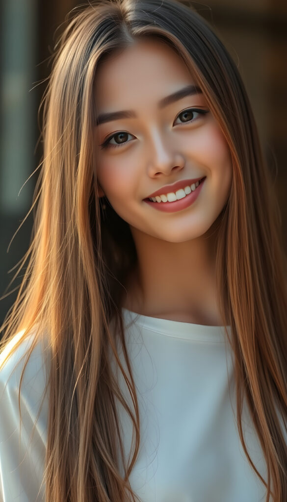 A stunning young woman with lustrous, silky super straight hair cascading down her shoulders, a radiant complexion, and a gentle smile, her eyes sparkling with warmth and serenity, embodying a sense of tranquility and beauty.