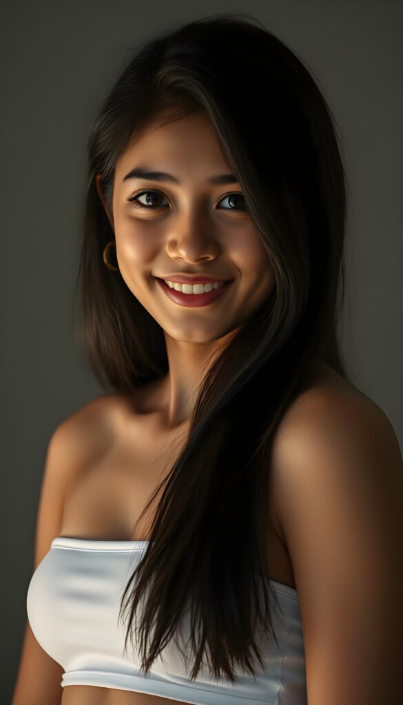 A stunning young tanned girl with long, lustrous black hair cascading over her shoulders and a warm, inviting smile. Her dark, expressive eyes sparkle in the soft, dimmed light that gently illuminates her angelic round face. She is dressed in a white, form-fitting crop top that accentuates her perfect, graceful physique. Her skin is flawless, glowing with a subtle, natural radiance. The background is a soft grey, creating a serene and dreamy atmosphere. She gazes directly at the viewer, her expression a blend of confidence and charm. The lighting highlights her features with perfect, delicate shadows, enhancing the overall ethereal and captivating beauty of the scene. This image is ultra-realistic, rendered in 4K, with a focus on detail and elegance, making it visually stunning and memorable.