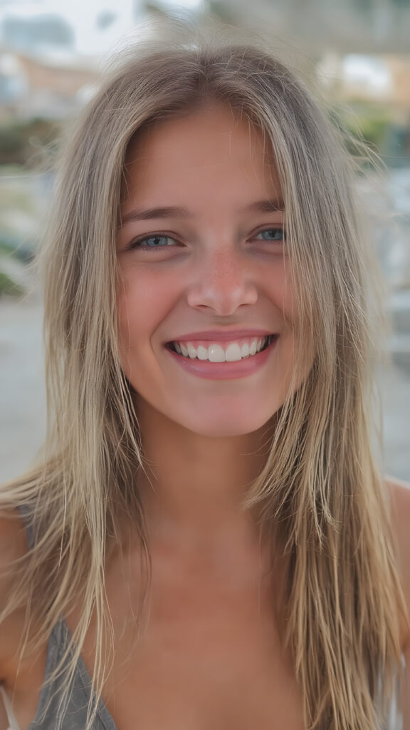 A stunning young cute girl enjoys her carefree life. She smiles and has beautiful, soft straight hair that falls over her beautifully shaped body. The picture makes you happy, she wears a thin grey deep neck tank top, white teeth