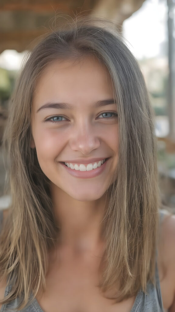 A stunning young cute girl enjoys her carefree life. She smiles and has beautiful, soft straight hair that falls over her beautifully shaped body. The picture makes you happy, she wears a thin grey deep neck tank top, white teeth