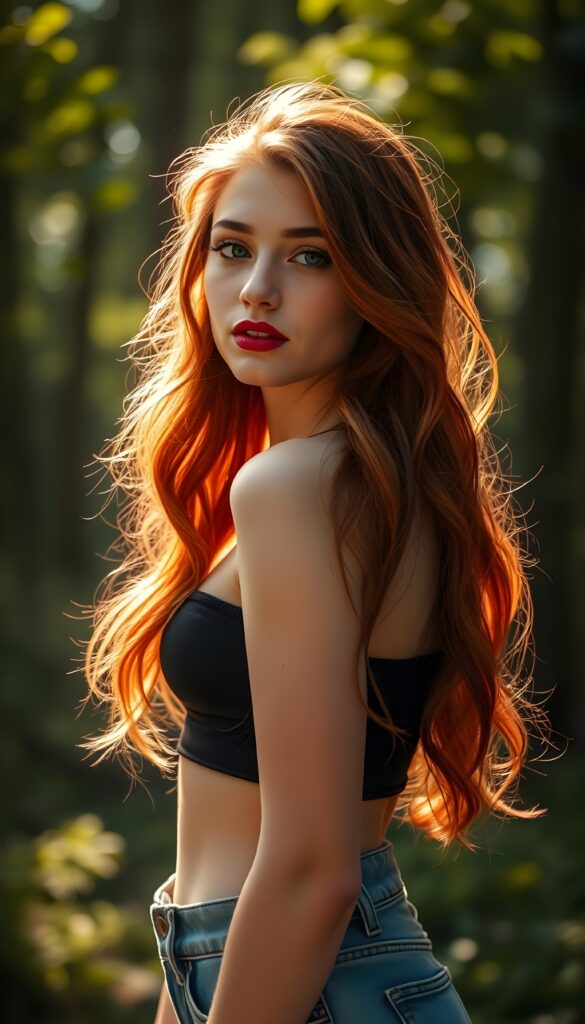 A stunning young teen girl with vibrant copper-red hair cascading down her back, styled in soft waves, stands in a sunlit forest clearing. Her luminous skin glows under the golden rays filtering through the leaves. She wears a sleek black crop top and denim shorts. Her dark red lips contrast beautifully with her complexion, and she has a small, charming beauty mark on her cheek. The scene is bathed in a warm, ethereal light, casting a magical and dreamy atmosphere around her.