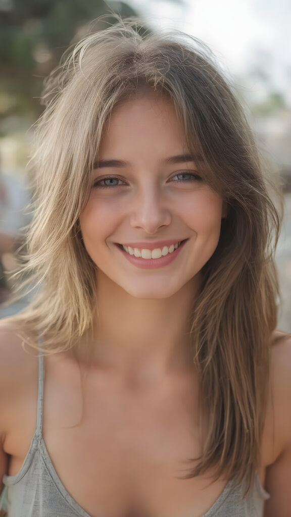 A stunning young cute girl enjoys her carefree life. She smiles and has beautiful, soft straight hair that falls over her beautifully shaped body. The picture makes you happy, she wears a thin grey deep neck tank top, white teeth