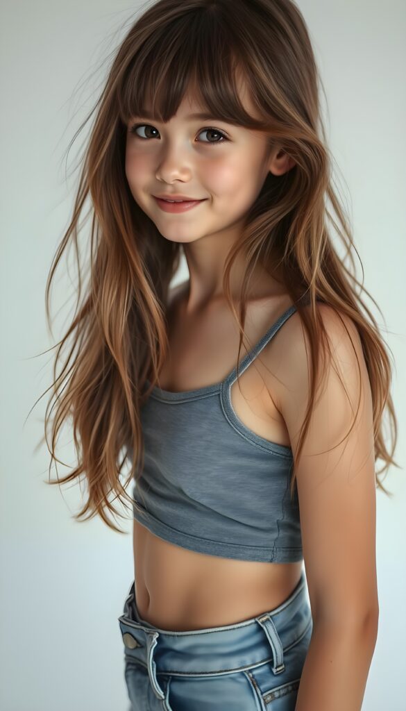 A stunning young girl with long, messy, straight hazelnut hair in the same length right and left and bangs, wearing a grey cropped tank top and super-short jeans, stands in a side perspective against a white background, cute belly button. Her face is angelic with detailed brown eyes and a radiant smile, looking directly at the camera. The lighting is cinematic, with a soft glow enhancing her features, creating a warm and inviting atmosphere. The composition emphasizes her graceful posture and the intricate details of her hair, making it a visually captivating and harmonious scene.
