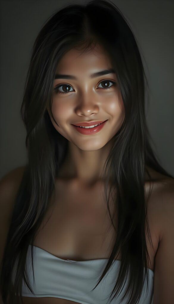 A stunning young tanned girl with long, lustrous black hair cascading over her shoulders and a warm, inviting smile. Her dark, expressive eyes sparkle in the soft, dimmed light that gently illuminates her angelic round face. She is dressed in a white, form-fitting crop top that accentuates her perfect, graceful physique. Her skin is flawless, glowing with a subtle, natural radiance. The background is a soft grey, creating a serene and dreamy atmosphere. She gazes directly at the viewer, her expression a blend of confidence and charm. The lighting highlights her features with perfect, delicate shadows, enhancing the overall ethereal and captivating beauty of the scene. This image is ultra-realistic, rendered in 4K, with a focus on detail and elegance, making it visually stunning and memorable.