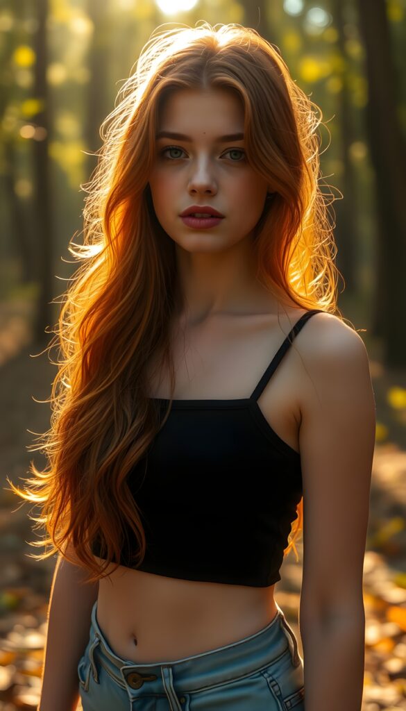 A stunning young teen girl with vibrant copper-red hair cascading down her back, styled in soft waves, stands in a sunlit forest clearing. Her luminous skin glows under the golden rays filtering through the leaves. She wears a sleek black crop top and denim shorts. Her dark red lips contrast beautifully with her complexion, and she has a small, charming beauty mark on her cheek. The scene is bathed in a warm, ethereal light, casting a magical and dreamy atmosphere around her.