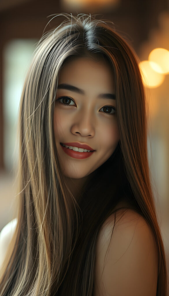 A stunning young woman with lustrous, silky super straight hair cascading down her shoulders, a radiant complexion, and a gentle smile, her eyes sparkling with warmth and serenity, embodying a sense of tranquility and beauty.