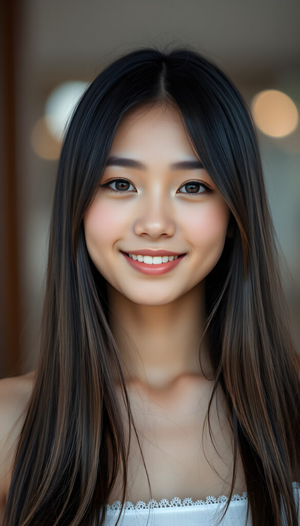 A stunning young woman with lustrous, silky super straight hair cascading down her shoulders, a radiant complexion, and a gentle smile, her eyes sparkling with warmth and serenity, embodying a sense of tranquility and beauty.