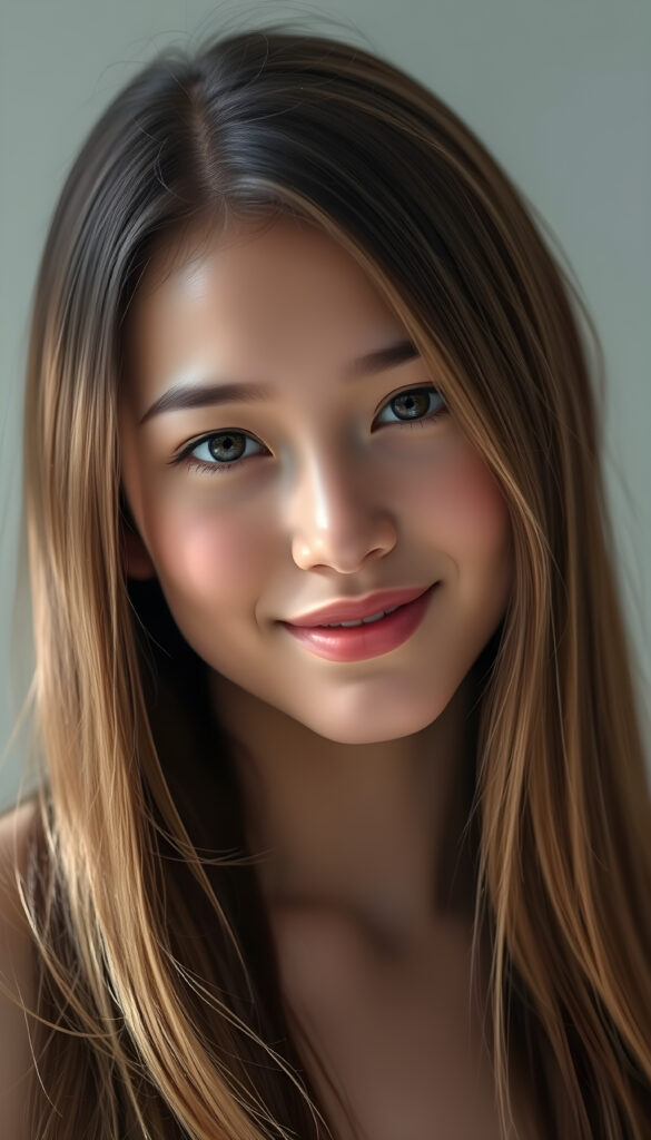 A stunning young woman with lustrous, silky hair cascading down her shoulders, a radiant complexion, and a gentle smile, her eyes sparkling with warmth and serenity, embodying a sense of tranquility and beauty.