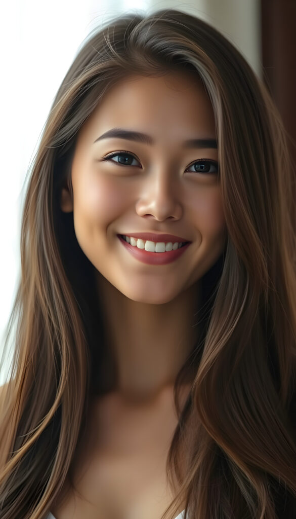 A stunning young woman with lustrous, silky hair cascading down her shoulders, a radiant complexion, and a gentle smile, her eyes sparkling with warmth and serenity, embodying a sense of tranquility and beauty.