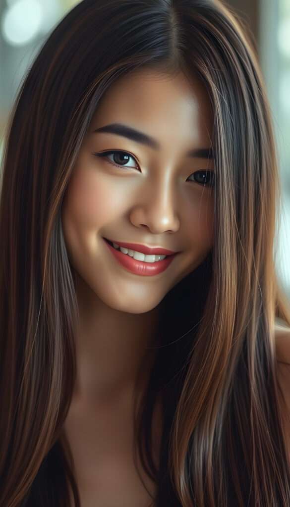 A stunning young woman with lustrous, silky super straight hair cascading down her shoulders, a radiant complexion, and a gentle smile, her eyes sparkling with warmth and serenity, embodying a sense of tranquility and beauty.