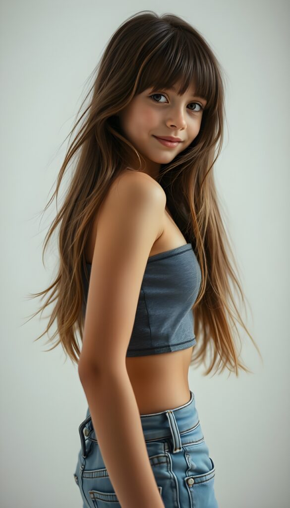 A stunning young girl with long, messy, straight hazelnut hair in the same length right and left and bangs, wearing a grey cropped tank top and super-short jeans, stands in a side perspective against a white background, cute belly button. Her face is angelic with detailed brown eyes and a radiant smile, looking directly at the camera. The lighting is cinematic, with a soft glow enhancing her features, creating a warm and inviting atmosphere. The composition emphasizes her graceful posture and the intricate details of her hair, making it a visually captivating and harmonious scene.