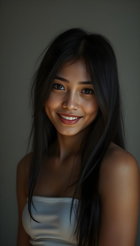 A stunning young tanned girl with long, lustrous black hair cascading over her shoulders and a warm, inviting smile. Her dark, expressive eyes sparkle in the soft, dimmed light that gently illuminates her angelic round face. She is dressed in a white, form-fitting crop top that accentuates her perfect, graceful physique. Her skin is flawless, glowing with a subtle, natural radiance. The background is a soft grey, creating a serene and dreamy atmosphere. She gazes directly at the viewer, her expression a blend of confidence and charm. The lighting highlights her features with perfect, delicate shadows, enhancing the overall ethereal and captivating beauty of the scene. This image is ultra-realistic, rendered in 4K, with a focus on detail and elegance, making it visually stunning and memorable.
