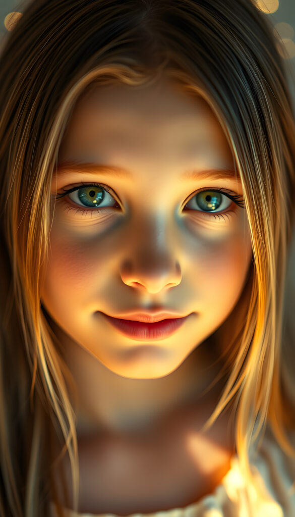 A stunning young girl with flawless silver skin and emerald green eyes that shimmer with light, framed by soft, straight hazelnut brown hair with white highlights. Her full red lips are slightly parted, revealing a charming smile, and her symmetrical nose and mouth are sharply focused. The lighting is warm and golden, casting a magical glow on her face, while the background is a dreamy blend of pastel hues and soft bokeh lights, enhancing her ethereal beauty. She gazes directly at the viewer, exuding a serene and captivating presence.