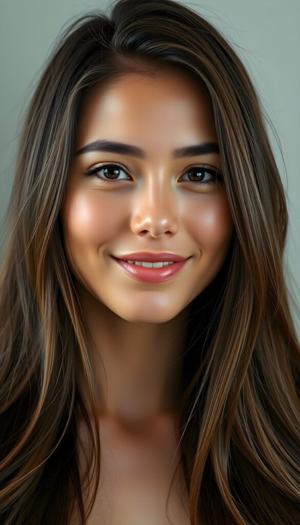 A stunning young woman with lustrous, silky hair cascading down her shoulders, a radiant complexion, and a gentle smile, her eyes sparkling with warmth and serenity, embodying a sense of tranquility and beauty.