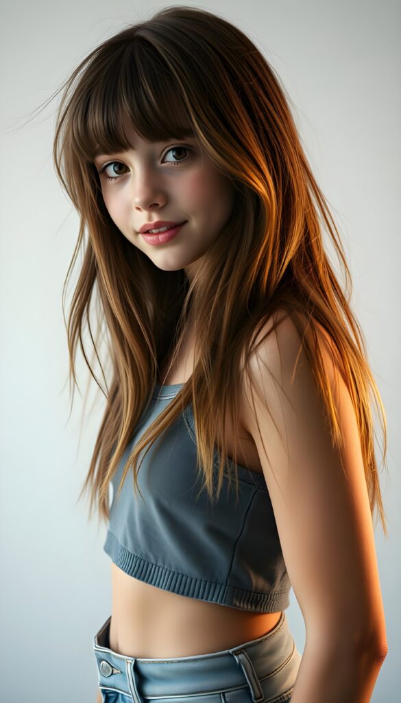 A stunning young girl with long, messy, straight hazelnut hair in the same length right and left and bangs, wearing a grey cropped tank top and super-short jeans, stands in a side perspective against a white background, cute belly button. Her face is angelic with detailed brown eyes and a radiant smile, looking directly at the camera. The lighting is cinematic, with a soft glow enhancing her features, creating a warm and inviting atmosphere. The composition emphasizes her graceful posture and the intricate details of her hair, making it a visually captivating and harmonious scene.