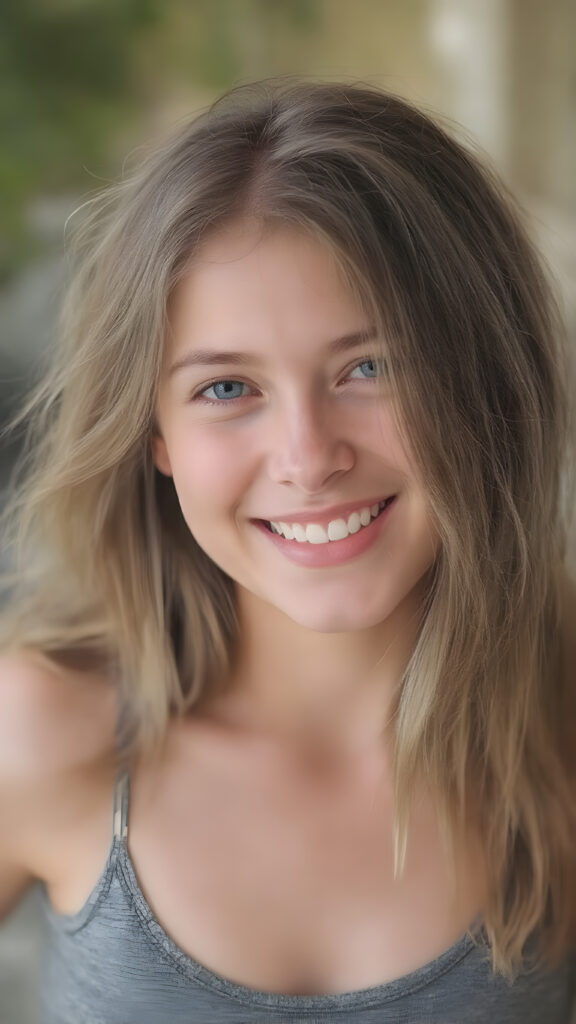 A stunning young cute girl enjoys her carefree life. She smiles and has beautiful, soft straight hair that falls over her beautifully shaped body. The picture makes you happy, she wears a thin grey deep neck tank top, white teeth