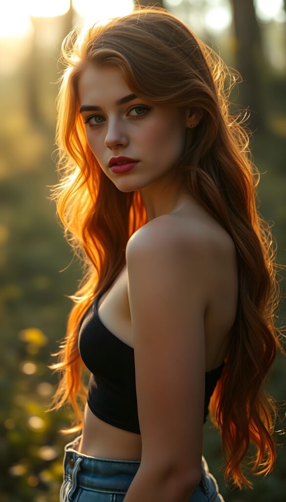 A stunning young teen girl with vibrant copper-red hair cascading down her back, styled in soft waves, stands in a sunlit forest clearing. Her luminous skin glows under the golden rays filtering through the leaves. She wears a sleek black crop top and denim shorts. Her dark red lips contrast beautifully with her complexion, and she has a small, charming beauty mark on her cheek. The scene is bathed in a warm, ethereal light, casting a magical and dreamy atmosphere around her.
