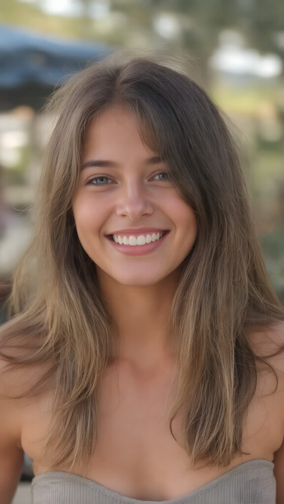 A stunning young cute girl enjoys her carefree life. She smiles and has beautiful, soft straight hair that falls over her beautifully shaped body. The picture makes you happy, she wears a thin grey deep neck tank top, white teeth