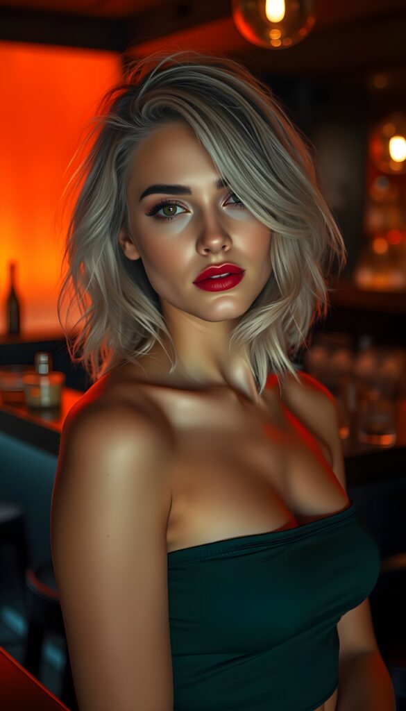 A stunning young woman with platinum hair and black highlights, styled in loose waves with side-swept bangs, gazes confidently with a subtle, enigmatic smile. Her striking features are accentuated by soft makeup, with bold red lipstick adding a pop of color. The backdrop shifts to a warm orange hue, casting a cozy yet vibrant glow, illuminating the details of her face and hair. The lighting creates a dramatic contrast, highlighting her hair's unique shades and texture. She wears a chic, cropped tank top in a deep emerald green, adding an element of sophistication and elegance, catching the light as she moves slightly. The scene is set in a sophisticated bar with sleek, modern decor, including a stylish bar counter with amber glassware and a warm, inviting ambiance.