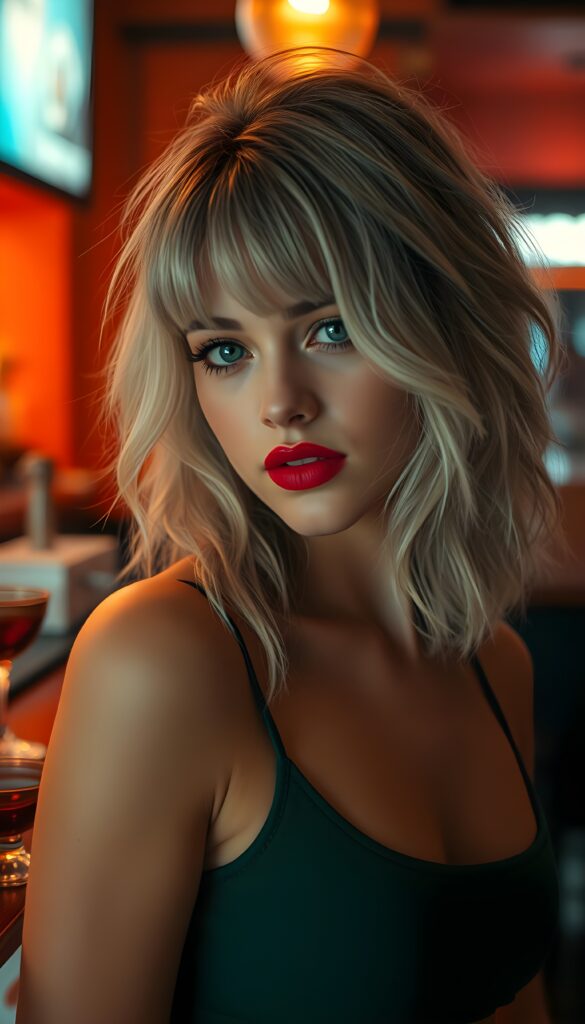 A stunning young woman with platinum hair and black highlights, styled in loose waves with side-swept bangs, gazes confidently with a subtle, enigmatic smile. Her striking features are accentuated by soft makeup, with bold red lipstick adding a pop of color. The backdrop shifts to a warm orange hue, casting a cozy yet vibrant glow, illuminating the details of her face and hair. The lighting creates a dramatic contrast, highlighting her hair's unique shades and texture. She wears a chic, cropped tank top in a deep emerald green, adding an element of sophistication and elegance, catching the light as she moves slightly. The scene is set in a sophisticated bar with sleek, modern decor, including a stylish bar counter with amber glassware and a warm, inviting ambiance.
