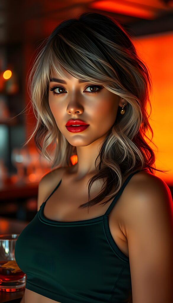 A stunning young woman with platinum hair and black highlights, styled in loose waves with side-swept bangs, gazes confidently with a subtle, enigmatic smile. Her striking features are accentuated by soft makeup, with bold red lipstick adding a pop of color. The backdrop shifts to a warm orange hue, casting a cozy yet vibrant glow, illuminating the details of her face and hair. The lighting creates a dramatic contrast, highlighting her hair's unique shades and texture. She wears a chic, cropped tank top in a deep emerald green, adding an element of sophistication and elegance, catching the light as she moves slightly. The scene is set in a sophisticated bar with sleek, modern decor, including a stylish bar counter with amber glassware and a warm, inviting ambiance.
