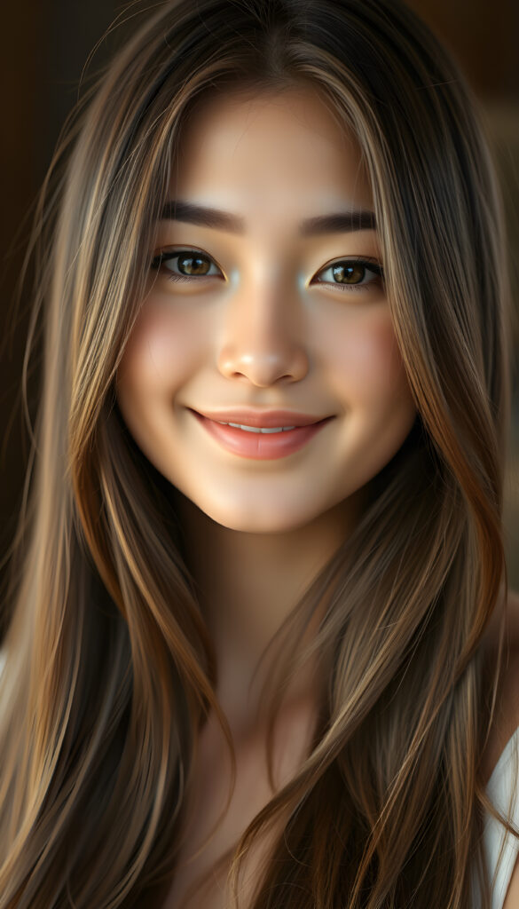 A stunning young woman with lustrous, silky hair cascading down her shoulders, a radiant complexion, and a gentle smile, her eyes sparkling with warmth and serenity, embodying a sense of tranquility and beauty.