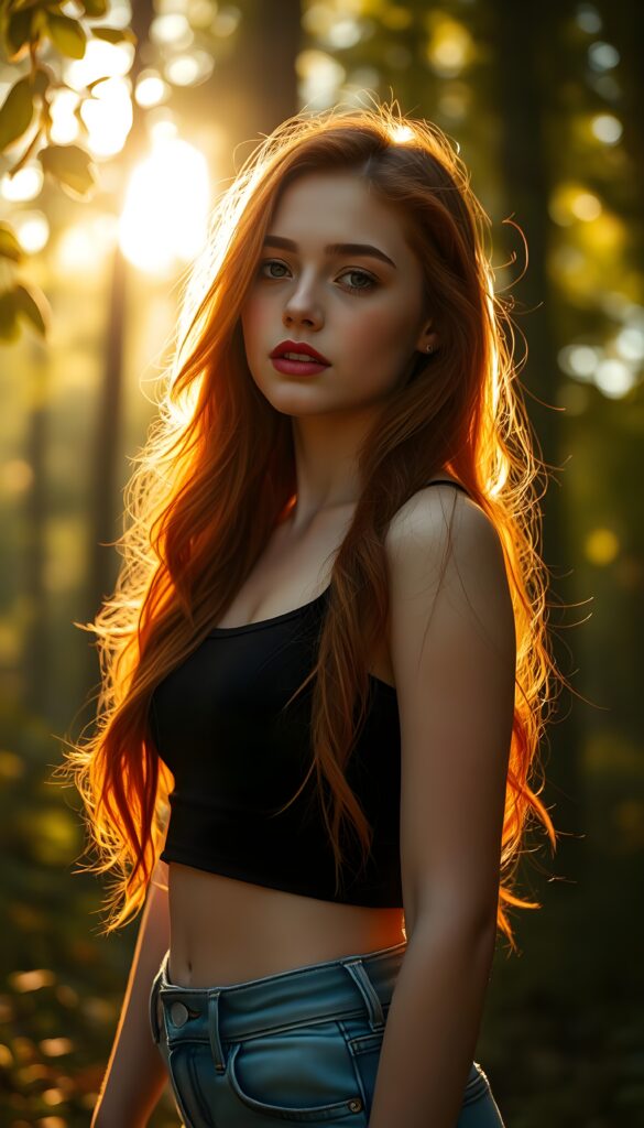A stunning young teen girl with vibrant copper-red hair cascading down her back, styled in soft waves, stands in a sunlit forest clearing. Her luminous skin glows under the golden rays filtering through the leaves. She wears a sleek black crop top and denim shorts. Her dark red lips contrast beautifully with her complexion, and she has a small, charming beauty mark on her cheek. The scene is bathed in a warm, ethereal light, casting a magical and dreamy atmosphere around her.