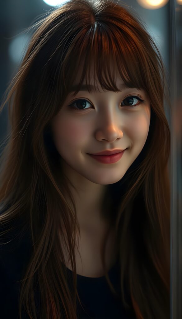 A (((stunningly gorgeous a (((professional photograph))) with intricate details and vibrant colors that capture the essence of a young teen girl with (a fair complexion) and (long, auburn hair) in a (Korean Style bangs), showcasing highly detailed skin texture, warm smile, and inviting eyes. The image exudes high resolution and ultra fine detail, reflective of the advanced technology and professional techniques used to capture this breathtaking masterpiece. The lighting is soft and dim, enhancing the shadows and creating a serene atmosphere, perfect for the teen girl’s serene expression