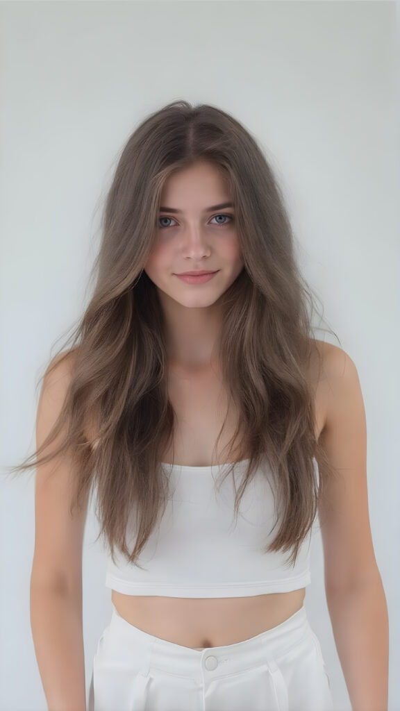 A (((stunningly realistic full-body portrait))), featuring a beautiful young teenage girl with (((extremely long, thick and wavy dark brown hair))), which flows sweetly around her face, framing a (((softly curvaceous figure))) clad in a (((white cropped short tank top))), paired with (((flared and tight white short satin pants))), posing confidently for the camera