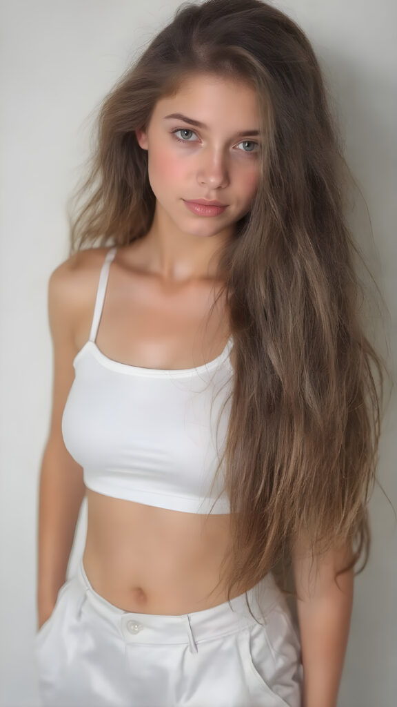 A (((stunningly realistic full-body portrait))), featuring a beautiful young teenage girl with (((extremely long, thick and wavy dark brown hair))), which flows sweetly around her face, framing a (((softly curvaceous figure))) clad in a (((white cropped short tank top))), paired with (((flared and tight white short satin pants))), posing confidently for the camera
