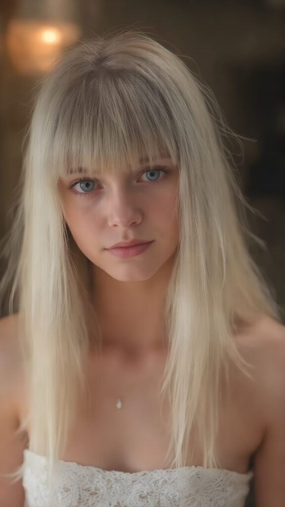 A (((stunningly cute and elegant young teen girl))) with straight, ((long, soft, silky white hair)), cascades down to her shoulders, framing a round face in bangs cut, she wears a (white lace, cropped tank top) under a soft, glowing spotlight