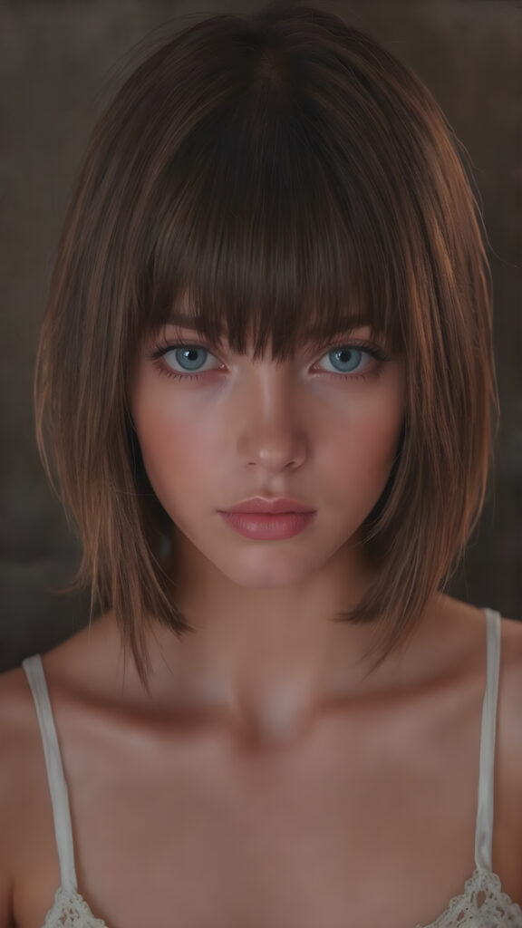 A (((stunningly cute and elegant young teen girls face))) with straight, ((soft, silky black and red half long hair)), cascades down to her shoulders, framing a round face in bangs and bob cut, she wears a (white lace, cropped tank top) under a soft, glowing spotlight, detailed light blue eyes, seductive